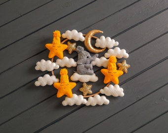 Hello little one Gender neutral gift for parents to be Gray and yellow mobile Infant mobile with clouds stars and elephant Baby mobile