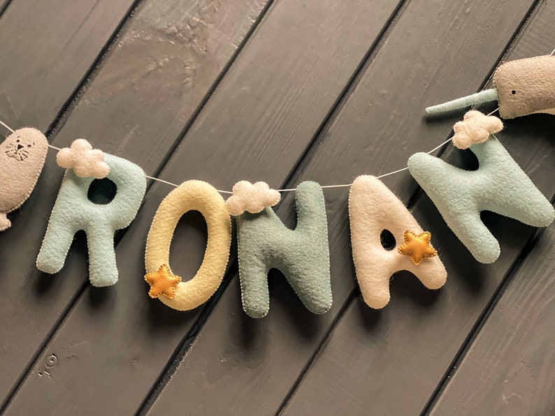 Arctic small felt name banner Ocean name garland Plush name wall Ocean decor name Nautical name banner Nautical baby name mobile Nursery image 3