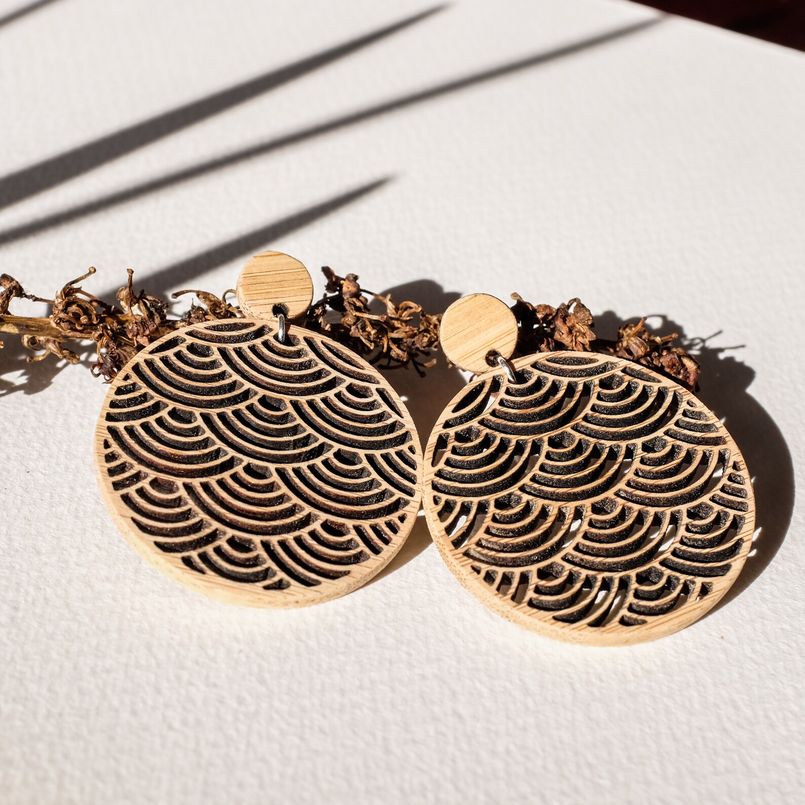 Laser Cut Bamboo Earring Round Shape with Japanese Motifs Etsy