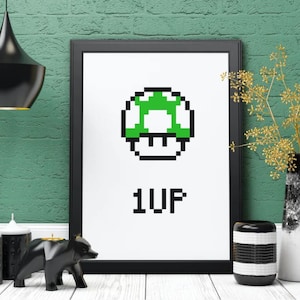 Super Mario Bros 1Up Mushroom Retro Pixel Art Downloadable Art Print A4