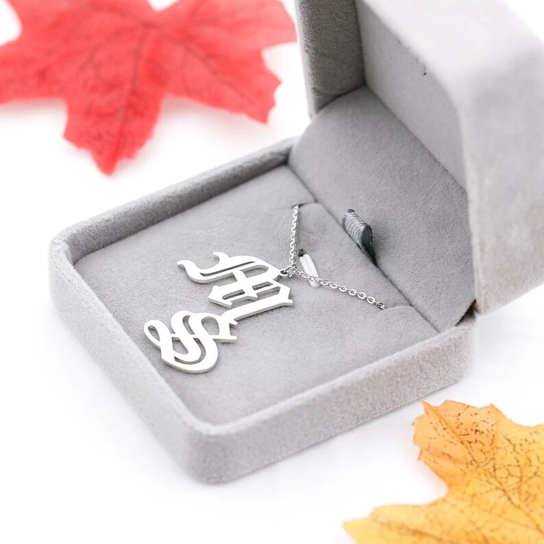 18KCustom Old English Initials Necklace Double Letters Pendant NecklacePersonalized Name NecklaceName Plate NecklaceBridesmaid Gifts