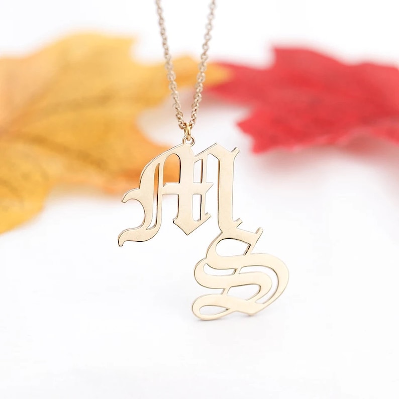 18KCustom Old English Initials Necklace Double Letters Pendant NecklacePersonalized Name NecklaceName Plate NecklaceBridesmaid Gifts