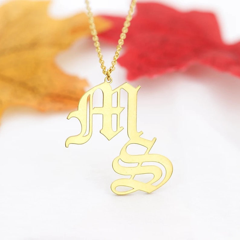 18KCustom Old English Initials Necklace Double Letters Pendant NecklacePersonalized Name NecklaceName Plate NecklaceBridesmaid Gifts