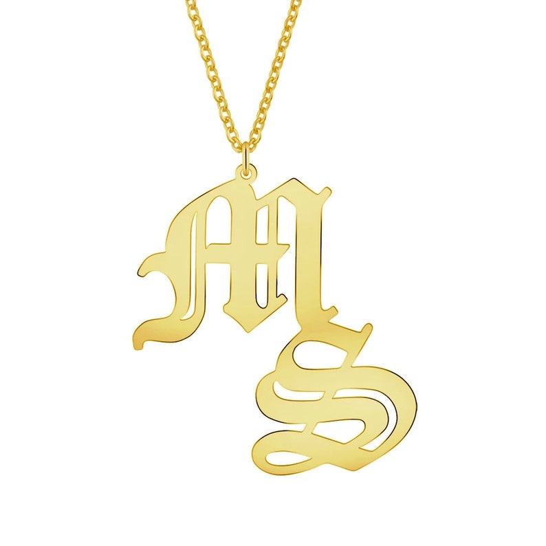 18KCustom Old English Initials Necklace Double Letters Pendant NecklacePersonalized Name NecklaceName Plate NecklaceBridesmaid Gifts