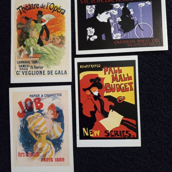 Vintage Postcards, 4 Art Nouveau Postcards, Printed 1982