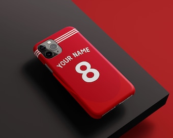 May include: Red phone case with white stripes and the text "YOUR NAME" and the number "8" in white.