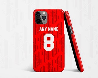 May include: Red and white personalized phone case with a number 8 and the text "ANY NAME".