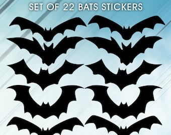 May include: Set of 22 black bat stickers. The stickers are in various sizes and are arranged in a staggered pattern.