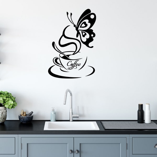 Wall Art Stickers Coffee & Butterfly 2 Removable Home Decals, Kitchen Quotes M