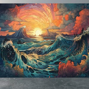 Wall Mural Ocean Sunset Painting Home Decor Decal Living Room Bedroom Art Vinyl Easy To Apply Peel and Stick