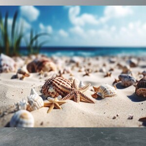 Może przedstawiać: Zbliżenie na piaszczystą plażę z muszelkami i rozgwiazdami. Muszelki są w różnych kolorach i kształtach, a rozgwiazdy są jasnobrązowe. Plaża jest jasnobrązowa, a woda jest jasnoniebieska.