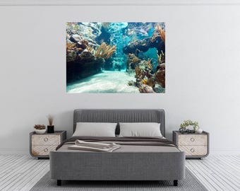 May include: An underwater photograph of a coral reef with a variety of colorful fish swimming through the water. The reef is made up of many different types of coral, including brain coral, staghorn coral, and elkhorn coral. The fish are all different sizes and shapes, and they are swimming in a variety of directions. The water is clear and blue, and the sun is shining brightly.