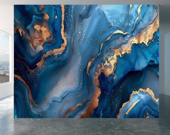 Wall Mural Blue and Gold Marble Home Decor Decal Living Room Bedroom Art Vinyl Easy To Apply Peel and Stick