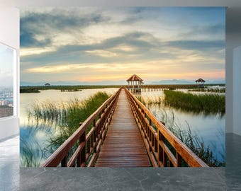 Wall Mural Wooden Bridge Home Decor Decal Living Room Bedroom Art Vinyl Easy To Apply Peel and Stick