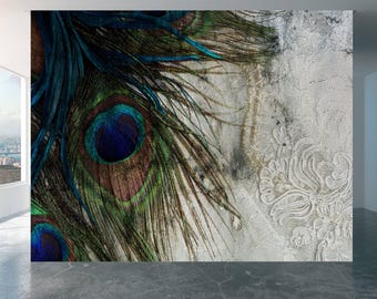 Wall Mural Peacock Feather Home Decor Decal Living Room Bedroom Art Vinyl Easy To Apply Peel and Stick