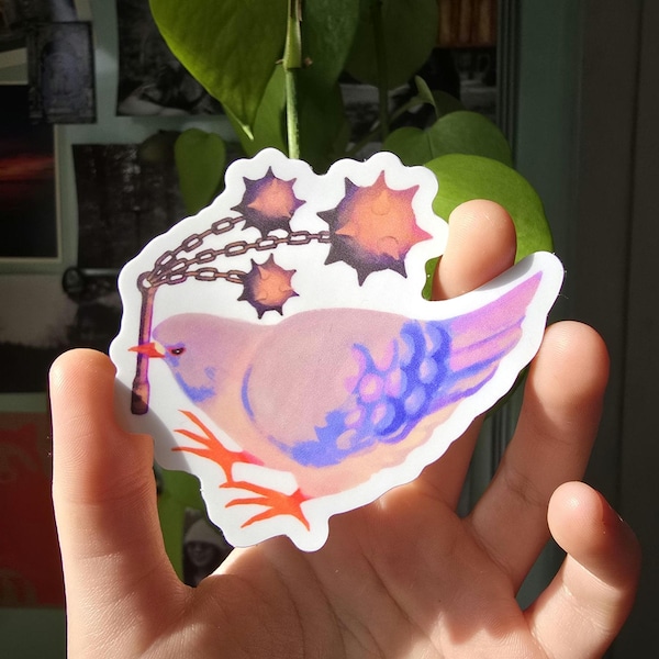 Medieval Flail Pigeon Vinyl Sticker | Whimsy gift, Birding decor, Dark fantasy art