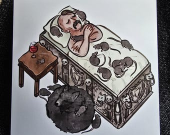 Może przedstawiać: Ilustracja ręcznie rysowana przedstawiająca mężczyznę śpiącego w trumnie otoczonej szczurami. Trumna jest ozdobiona czaszkami i innymi detalami. Na pierwszym planie znajduje się kieliszek wina i mały stolik.