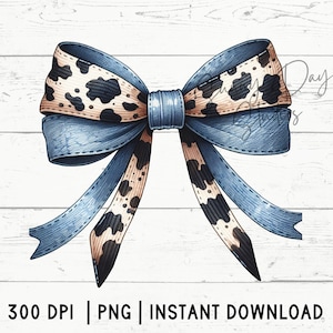 Vache en denim impression coquette noeud PNG, art numérique tendance Girlie noeud de cheveux, fichier de conception de sublimation de ruban bleu tacheté de peau de vache, Style campagnard