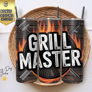 Envoltura para vaso Grill Master PNG, diseño de vaso delgado de 20 oz, descarga digital de sublimación para barbacoa para el Día del Padre, accesorios para amantes de la parrilla