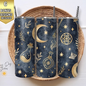 20oz Skinny Tumbler Wrap, Mystical Seamless PNG, Moon Stars Celestial Digital Design, Witchy Sublimation File, Printable Tumbler Design