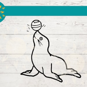 May include: A black and white line drawing of a seal balancing a ball on its nose. The seal is sitting on its hind flippers with its front flippers extended out to the sides.