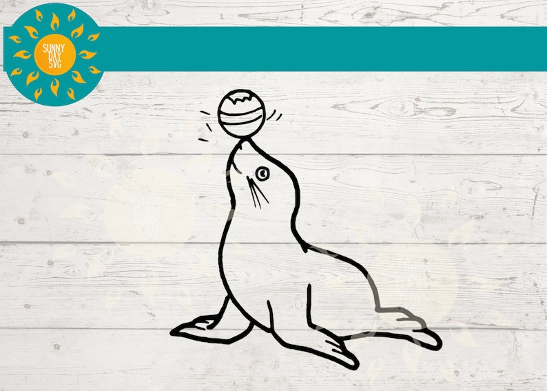 May include: A black and white line drawing of a seal balancing a ball on its nose. The seal is sitting on its hind flippers with its front flippers extended out to the sides.