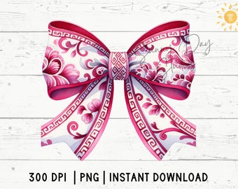 Toile Pink Floral Coquette Bow PNG, Chinoiserie Ribbon Clipart, Trendy Grandmillenial Style Digital Art, Porcelain Pattern Preppy Bow Design