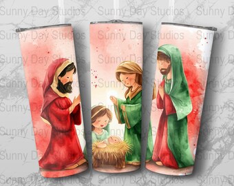 May include: A watercolor illustration of the nativity scene with Mary, Joseph, and baby Jesus in a manger. The background is a soft pink with white watercolor splatters.