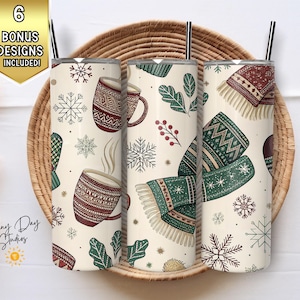 Winter Mug Tumbler Wrap, Holiday Scarf Design, Seamless 20oz Skinny Tumbler Png, Sublimation Digital Download, Christmas Cozy Digital