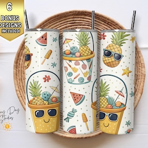 20oz Skinny Tumbler Wrap, Summer Bucket, Pineapple, Sublimation PNG, Digital Download, Seamless Design, Tumbler Design, Beach Vibes