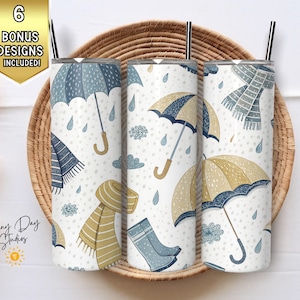 Autumn Rain Tumbler Wrap, Umbrella Scarf Digital Download, 20oz Skinny Tumbler Sublimation Design, Seamless PNG, Digital Product