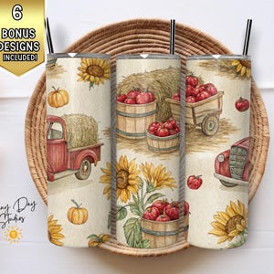 Fall Tumbler Wrap PNG, 20oz Skinny Tumbler Design, Autumn Truck, Sunflower, Pumpkin, Apple Sublimation, Digital Download Seamless