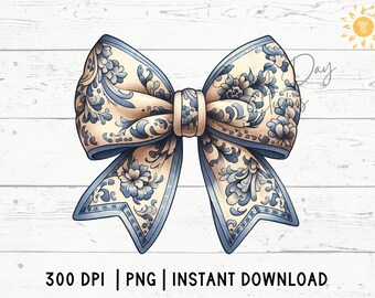 Toile Blue Floral Coquette Bow PNG, Chinoiserie Ribbon Clipart, Trendy Grandmillenial Style Digital Art, Porcelain Pattern Sublimation PNG