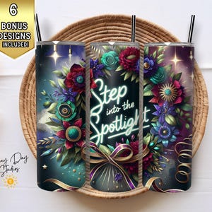 Step Into The Spotlight Tumbler Wrap, 20oz Skinny Tumbler PNG, Nowoczesny projekt sublimacji pop dance, Prezent na recital do użytku komercyjnego Pobierz grafikę