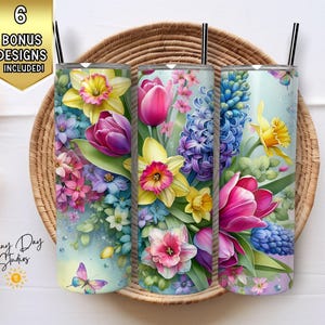 Papier d'emballage floral printanier, verre skinny 20 oz PNG, sublimation de fleurs colorées botaniques, tulipe jonquille papillon art numérique