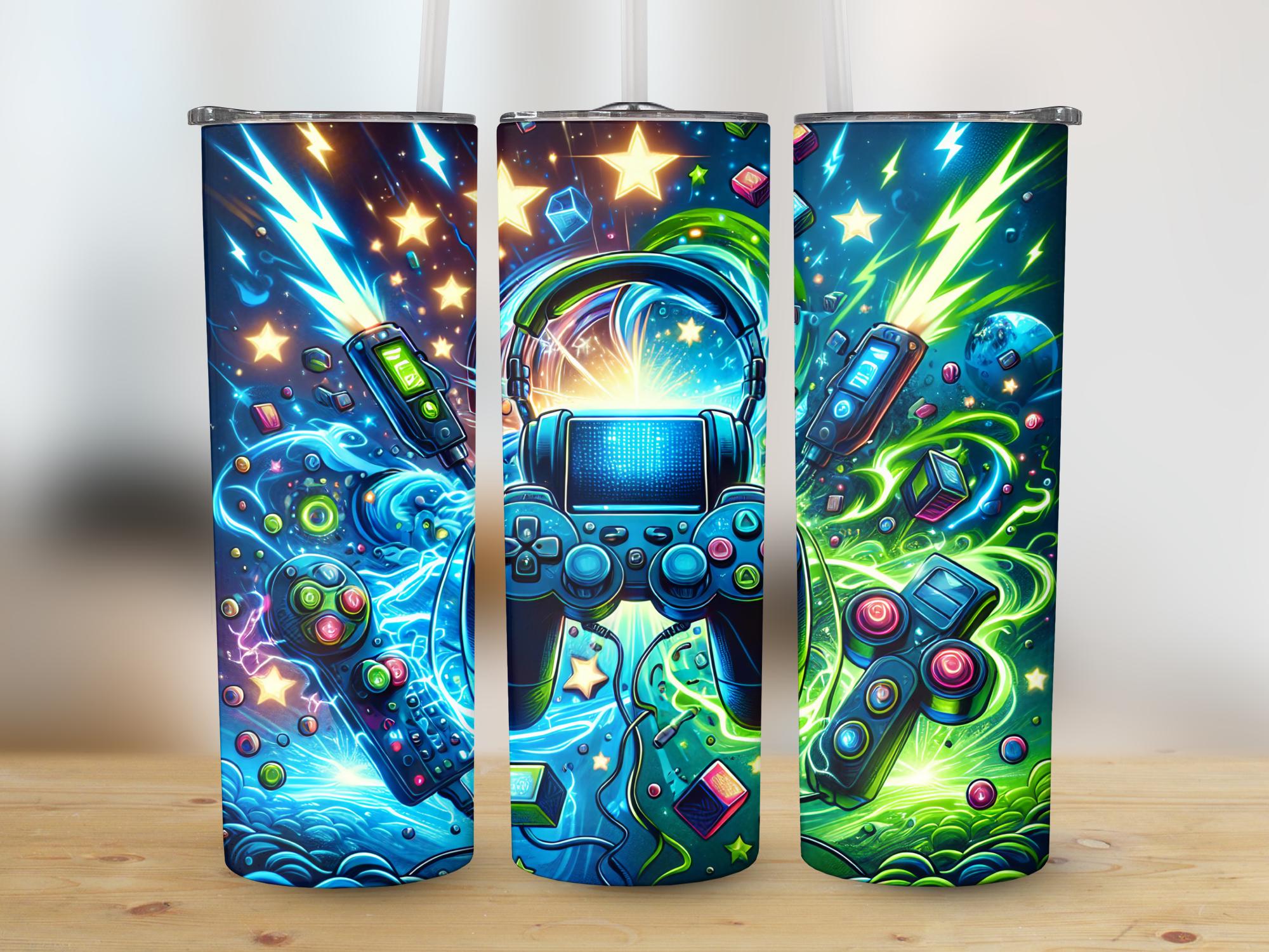 Video Game Tumbler Wrap, 20oz Skinny Tumbler PNG, Neon Game Controller ...