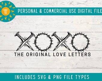 May include: Black and white graphic design of two nails crossed over each other with a crown of thorns on either side. The text "XOXO" is formed by the nails and thorns. The text "THE ORIGINAL LOVE LETTERS" is below the graphic.