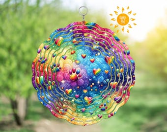 Rainbow Paw Prints Wind Spinner PNG, Colorful Puppy Love Sublimation Designs, DIY Garden Spinner Yard Art, Digital Windspinner Ornament