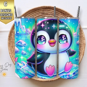 Cute Penguin Kids Tumbler Wrap, 20oz Skinny Tumbler PNG, Colorful Kawaii Animal Sublimation Design File, Digital Art Download, Adorable Mug