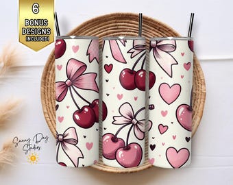 Coquette Bow Cherry Heart Tumbler Wrap PNG, Pink Trendy Sublimation File, Cute Girly 20ozs Skinny Tumbler Wrap, Girly Ribbon Digital Art