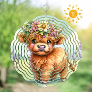 Molinillo de viento de vaca bebé de primavera PNG, diseño de sublimación de vaca de las tierras altas con corona floral, molinillo de jardín DIY, molinillo de viento digital, adornos de posavasos