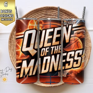 Puede incluir: Tres vasos de acero inoxidable naranja y negro con temática de baloncesto. Los vasos presentan el texto "Queen of the Madness" con un diseño de baloncesto y red.