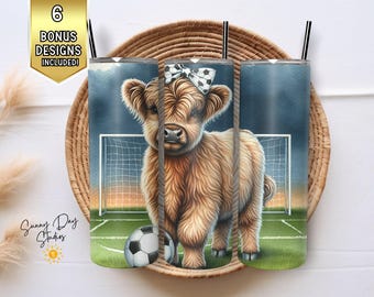 May include: A set of three stainless steel insulated tumblers. Each tumbler features a watercolor illustration of a Highland cow wearing a soccer ball bow, standing on a soccer field. The tumblers are decorated with a soccer ball and a goal post.