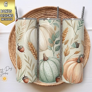 Pumpkin Tumbler Wrap, Autumn Leaves 20oz Skinny Tumbler Design, Seamless Fall Sublimation PNG, Digital Download, Thanksgiving Tumbler
