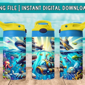 Shark Submarines Funny Kids Tumbler Wrap PNG, 12 oz Sippy Cup Sublimation Design, Beachy Ocean Flip-Top Tumbler Digital Art, Toddler Gift
