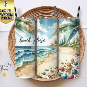 Beach Please Tumbler Wrap, 20oz Skinny Cup Sublimation PNG, Watercolor Coastal Aesthetic Design, Seashells and Palm Trees Digital Download