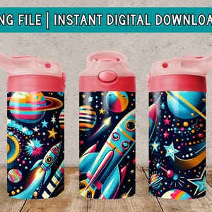 May include: A pink and blue water bottle with a space-themed design. The bottle features planets, stars, rockets, and other space-related imagery.