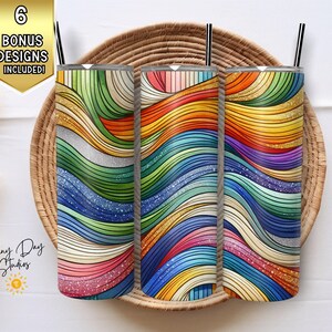Rainbow Waves Tumbler Wrap, 20oz Skinny Tumbler PNG, Colorful Abstract Alcohol Ink Sublimation Design, Commercial Use Tumbler Digital Art
