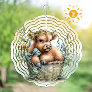Molinillo de viento de ternera de primavera PNG, lindo diseño de sublimación de vaca bebé de las tierras altas, arte animal de canasta de Pascua, molinillo de viento digital, adorno de posavasos PNG