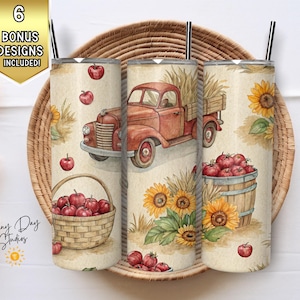 Fall Truck Tumbler Wrap, Apple Barrel 20oz Skinny Tumbler, Autumn Sunflower Tumbler Design, Seamless Sublimation PNG, Digital Download